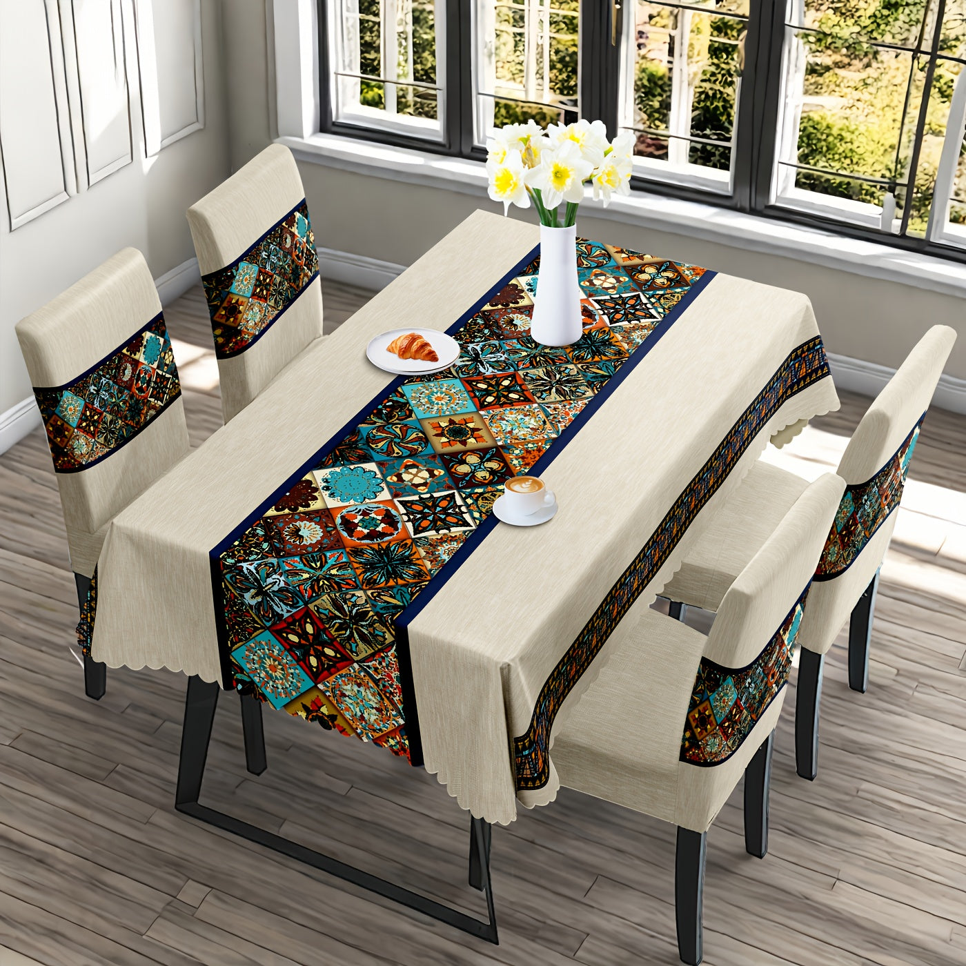 7 pièces Superbe ensemble de nappe rectangulaire + housse de chaise