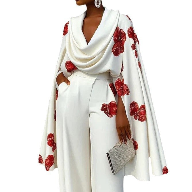 Ensemble deux pièces pantalon et col roulé imprimé à manches longues