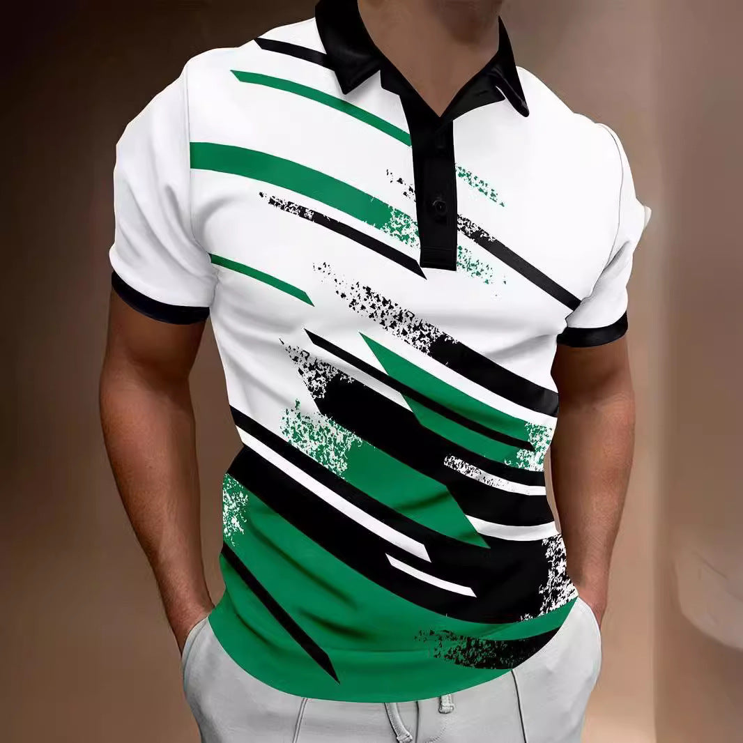 Pull à revers imprimé numérique 3D, manches courtes, style décontracté