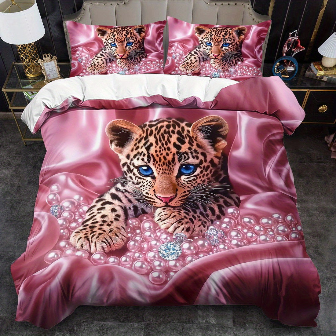 Parure de lit 3 pièces, motif léopard diamant, imprimé rose