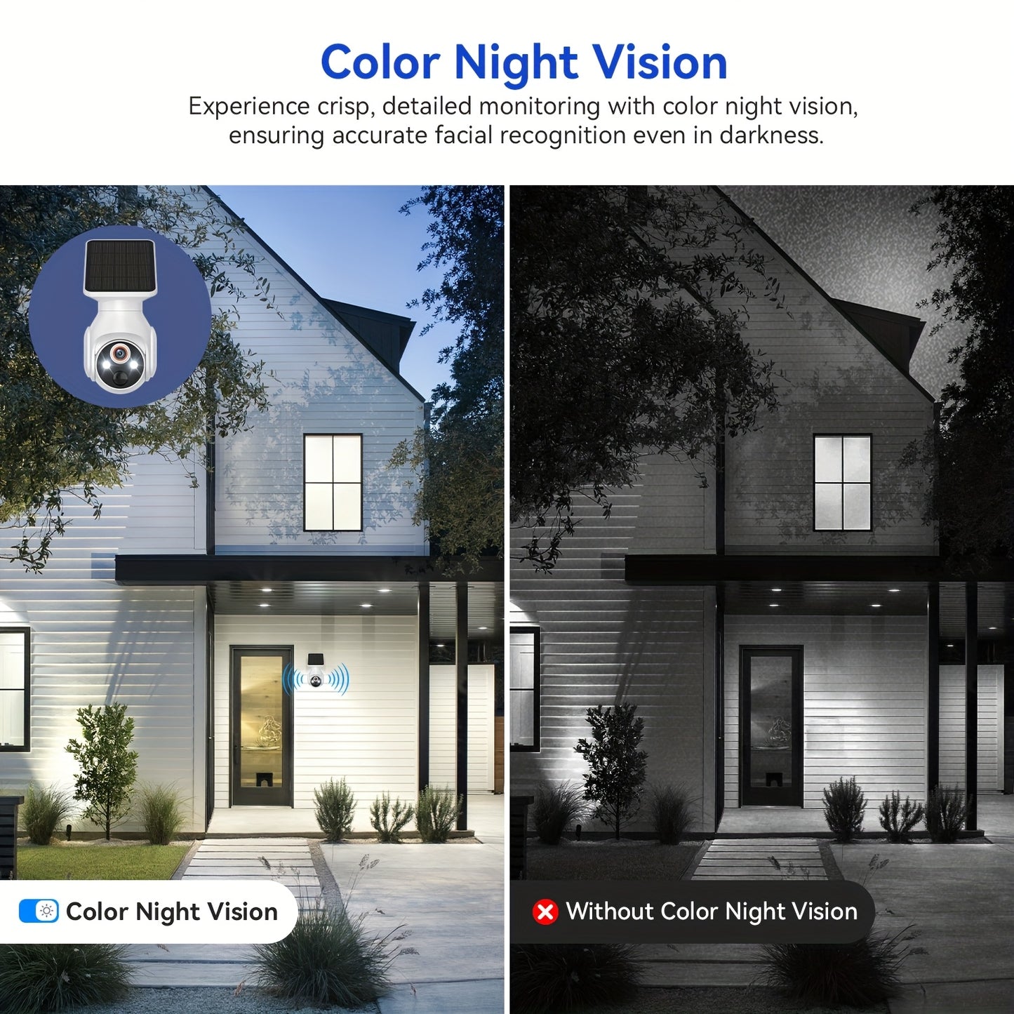 Caméra de sécurité extérieure sans fil avec panneau solaire, caméra WiFi pour la sécurité de votre domicile avec vision nocturne couleur 1080p