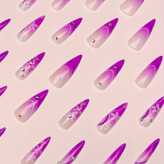 Lot de 24 faux ongles violets en forme de goutte d'eau