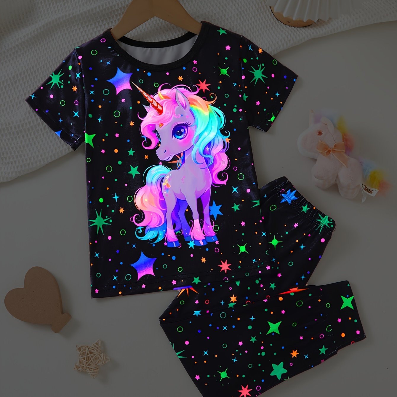 2 Pcs Cute Starry Unicorn Pattern Short Sleeve Top + Jogger Pants Co-ords Set, Casual Comfy Girls Summer Outfit Clothes - Topdecheztop.fr