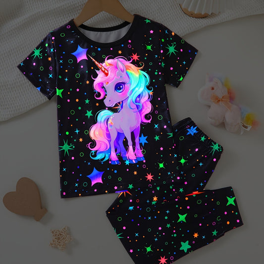 2 Pcs Cute Starry Unicorn Pattern Short Sleeve Top + Jogger Pants Co-ords Set, Casual Comfy Girls Summer Outfit Clothes - Topdecheztop.fr