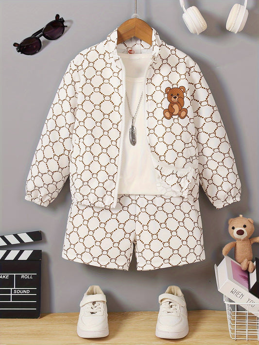 Kids Sporty Quick-Dry Woven Zip-Up Long Sleeve Jacket & Shorts Set, Cute Bear Print, Casual Style, Boys Spring And Fall Outfit - Topdecheztop.fr