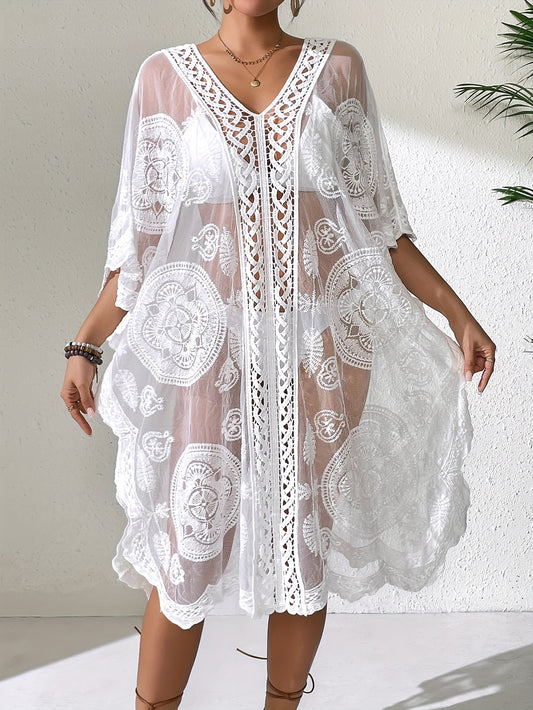 Robe de plage bohème chic à col V et broderies florales