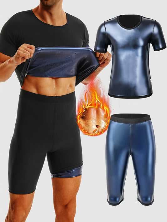 Men's Sauna Compression Sports Outfit - Sweat-Enhancing Short Sleeve Top & High Waist Shorts Set - Gym Fitness Body Shaper For Men - Topdecheztop.fr