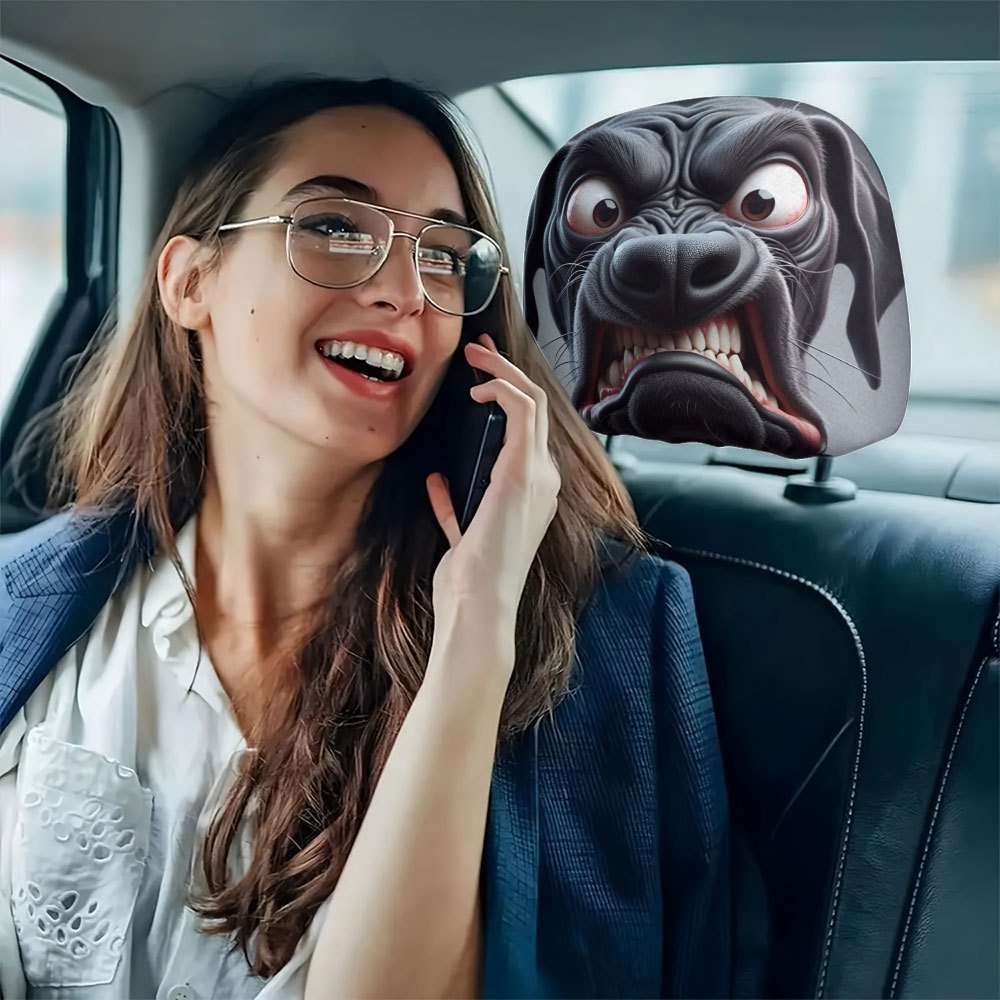 Lot de 2 housses d'appuie-tête de voiture à motif de chien noir souriant