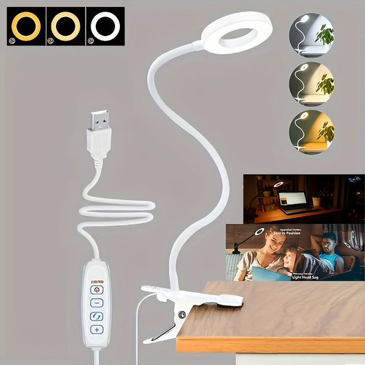 Lampe de bureau LED compacte avec port USB, fixation par pince, luminosité réglable, bras flexible à 360°, commande par bouton et sans piles