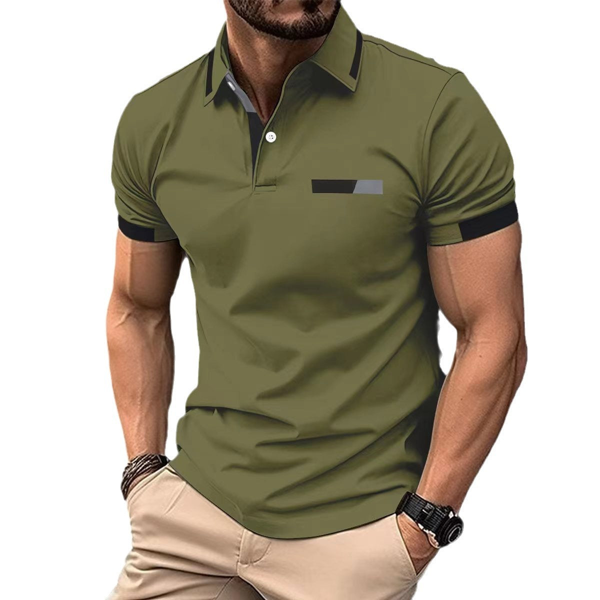 Polo décontracté pour homme, fausse poche poitrine, revers boutonné, style business