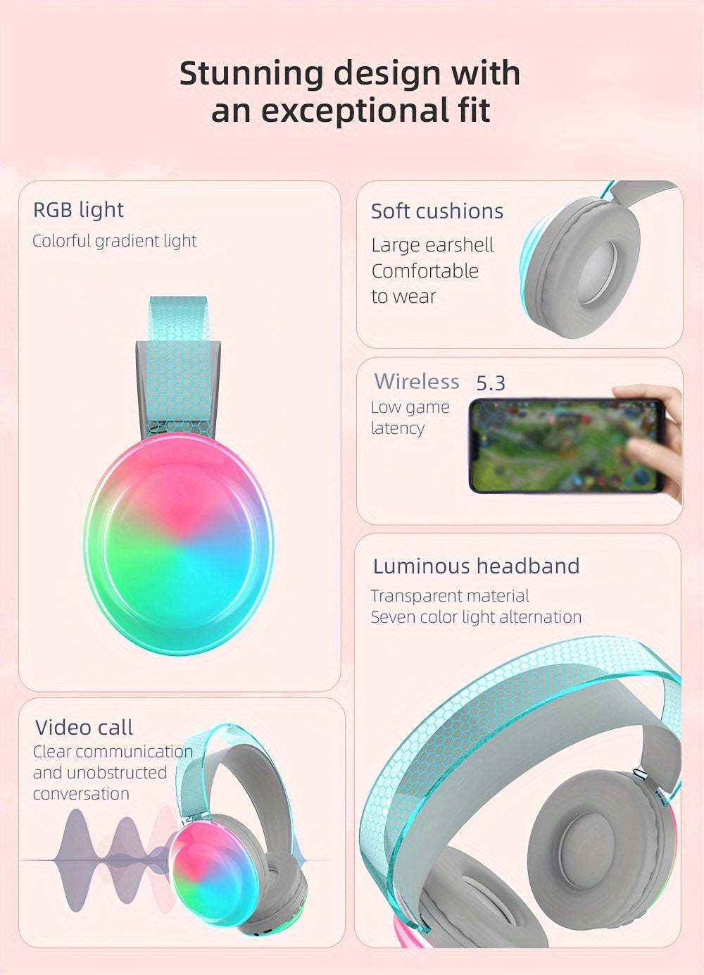 Casque sans fil léger 5.3 + EDR, casque circum-aural sans fil avec micro et lumières