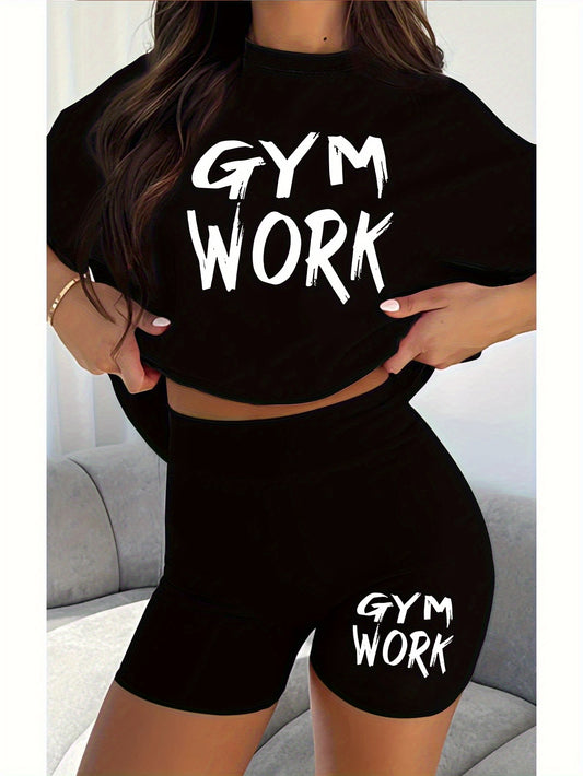 2pcs Women'S Gym Workout Set with Bold "GYM WORK" Letter Print T-Shirt and Black Shorts, Casual Athletic Outfit for Running and Fitness, Comfortable Fabric, Ladies' - Topdecheztop.fr