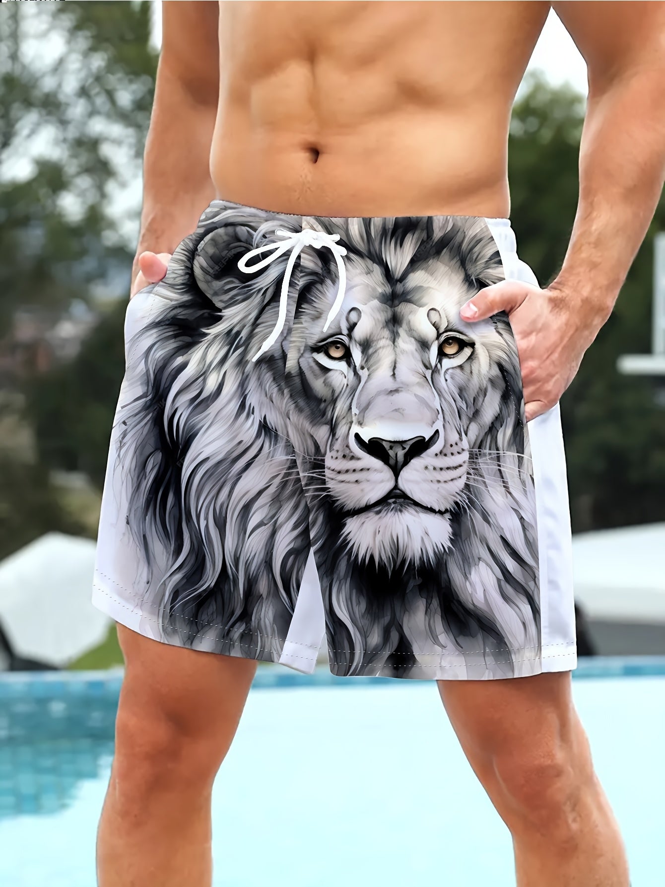 Short de bain homme à imprimé lion fantaisie, style décontracté