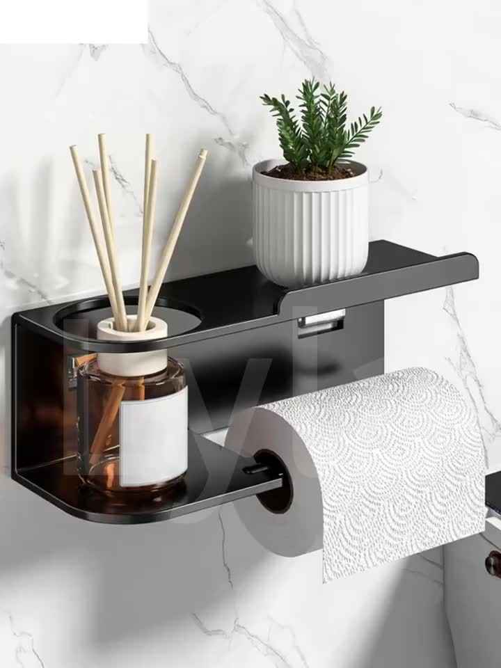Wall-Mounted Tissue Holder with Bathroom Perfume Organizer - Stylish Black Multi-Functional Kitchen and Bath Storage, Space-Saving Design, Self-Adhesive Installation