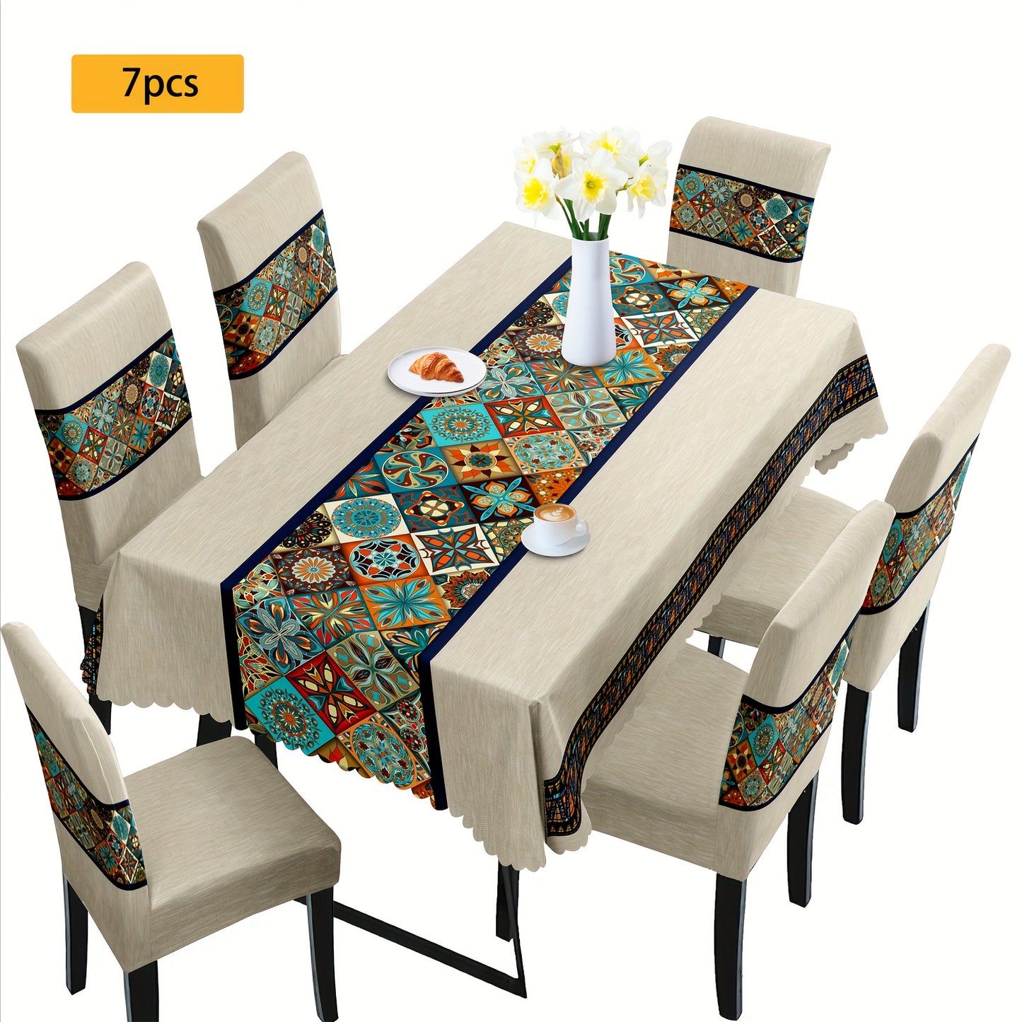 7 pièces Superbe ensemble de nappe rectangulaire + housse de chaise