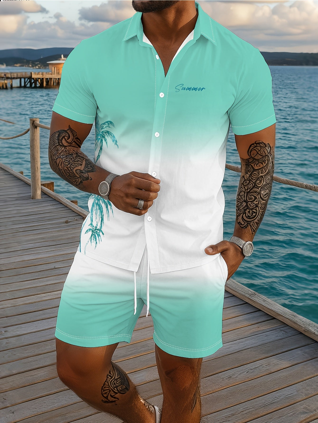 Ensemble chemise à manches courtes imprimée et short