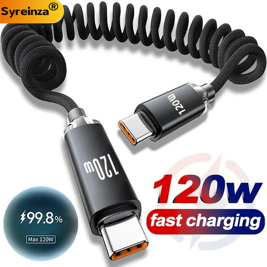Câble USB-C 120W 5A PD à Ressort Rétractable 1,8m Noir Doré
